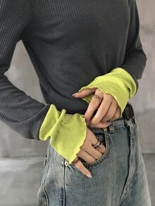 FRIFUL 女款初秋新款韓式圓領拼接色長袖T恤 - 灰色 - 查看 5