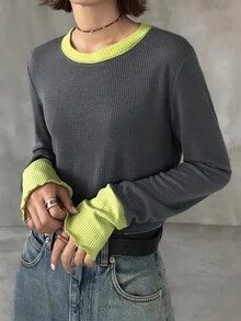 FRIFUL 女款初秋新款韓式圓領拼接色長袖T恤 - 灰色 - 查看 6