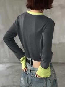 FRIFUL 女款初秋新款韓式圓領拼接色長袖T恤 - 灰色 - 查看 2