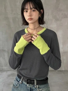 FRIFUL 女款初秋新款韓式圓領拼接色長袖T恤 - 灰色 - 查看 8