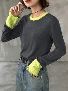 FRIFUL 女款初秋新款韓式圓領拼接色長袖T恤 - 灰色 - 查看 4