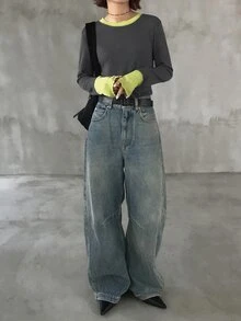 FRIFUL 女款初秋新款韓式圓領拼接色長袖T恤 - 灰色 - 查看 7