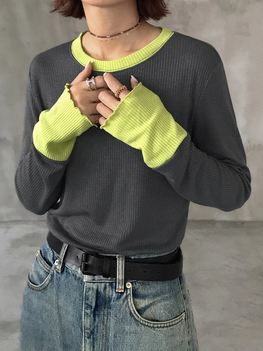 FRIFUL 女款初秋新款韓式圓領拼接色長袖T恤 - 灰色 - 查看 1