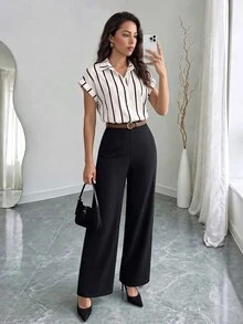 SHEIN Raffinéa 女款條紋襯衫與純色直筒長褲兩件套，休閒百搭時尚套裝，居家辦公穿搭 - 黑與白 - 查看 1