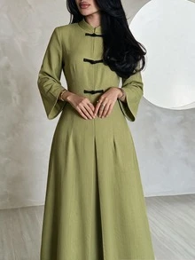 Yasmyna Long Sleeve Elegant Modest 1960s Long Button-Front Arabian Dress Morning Formal Olive Green Fall - Green - View 3