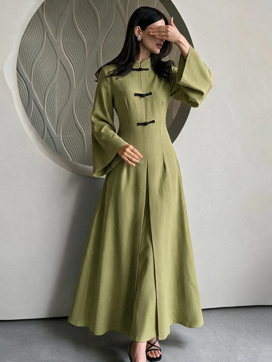 Yasmyna Long Sleeve Elegant Modest 1960s Long Button-Front Arabian Dress Morning Formal Olive Green Fall - Green - View 1