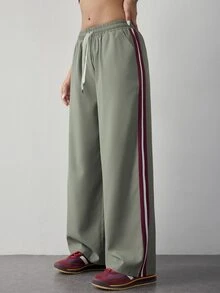 Dewbera Dewbera 女款抽繩腰側條紋瑜伽休閒寬鬆寬腿運動長褲 - 軍綠色 - 查看 3