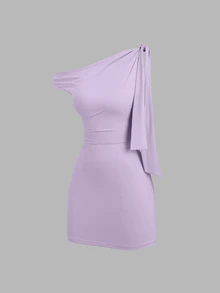 Sweetra Women's Asymmetrical Shoulder Ruffle Sexy Bodycon Dress, Waist Cinching, Flattering Silhouette, French Elegant Mini Dress - Lilac Purple - View 4