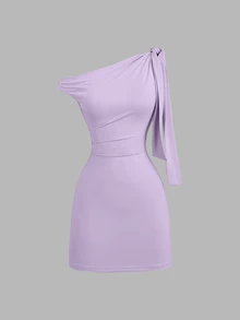 Sweetra Women's Asymmetrical Shoulder Ruffle Sexy Bodycon Dress, Waist Cinching, Flattering Silhouette, French Elegant Mini Dress - Lilac Purple - View 1