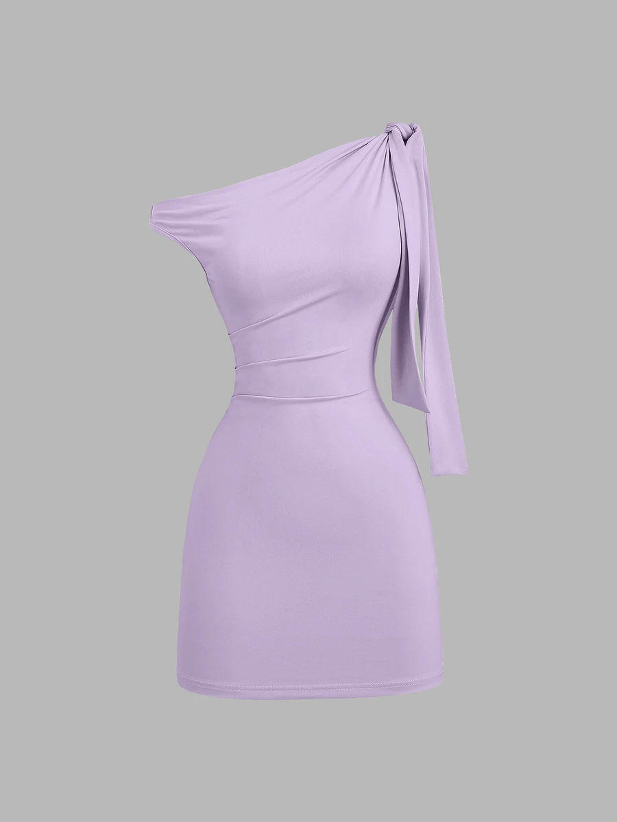 Sweetra Women's Asymmetrical Shoulder Ruffle Sexy Bodycon Dress, Waist Cinching, Flattering Silhouette, French Elegant Mini Dress - Lilac Purple - View 1