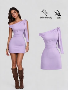 Sweetra Women's Asymmetrical Shoulder Ruffle Sexy Bodycon Dress, Waist Cinching, Flattering Silhouette, French Elegant Mini Dress - Lilac Purple - View 7
