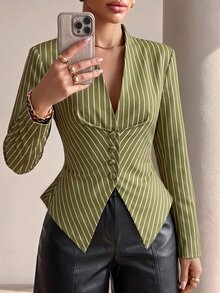 Structelle Olive Green Vertical Striped V-Neck Cinched Waist Asymmetrical Hem Single-Breasted Slim Fit Long Sleeve Shirt - Multicolor - View 4