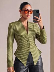 Structelle Olive Green Vertical Striped V-Neck Cinched Waist Asymmetrical Hem Single-Breasted Slim Fit Long Sleeve Shirt - Multicolor - View 5