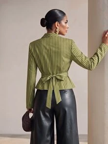 Structelle Olive Green Vertical Striped V-Neck Cinched Waist Asymmetrical Hem Single-Breasted Slim Fit Long Sleeve Shirt - Multicolor - View 2
