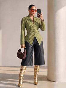 Structelle Olive Green Vertical Striped V-Neck Cinched Waist Asymmetrical Hem Single-Breasted Slim Fit Long Sleeve Shirt - Multicolor - View 3