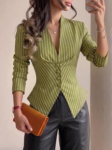 Structelle Olive Green Vertical Striped V-Neck Cinched Waist Asymmetrical Hem Single-Breasted Slim Fit Long Sleeve Shirt - Multicolor - View 1