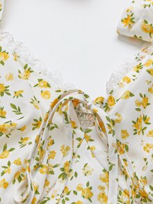 SHEIN LUNE CURVE Plus Size White And Yellow Floral Random Print Straps Mini Dress Tiered Layered A Line Sleeveless Bohemian Ruffle Hem Summer Vacation - Multicolor - View 4