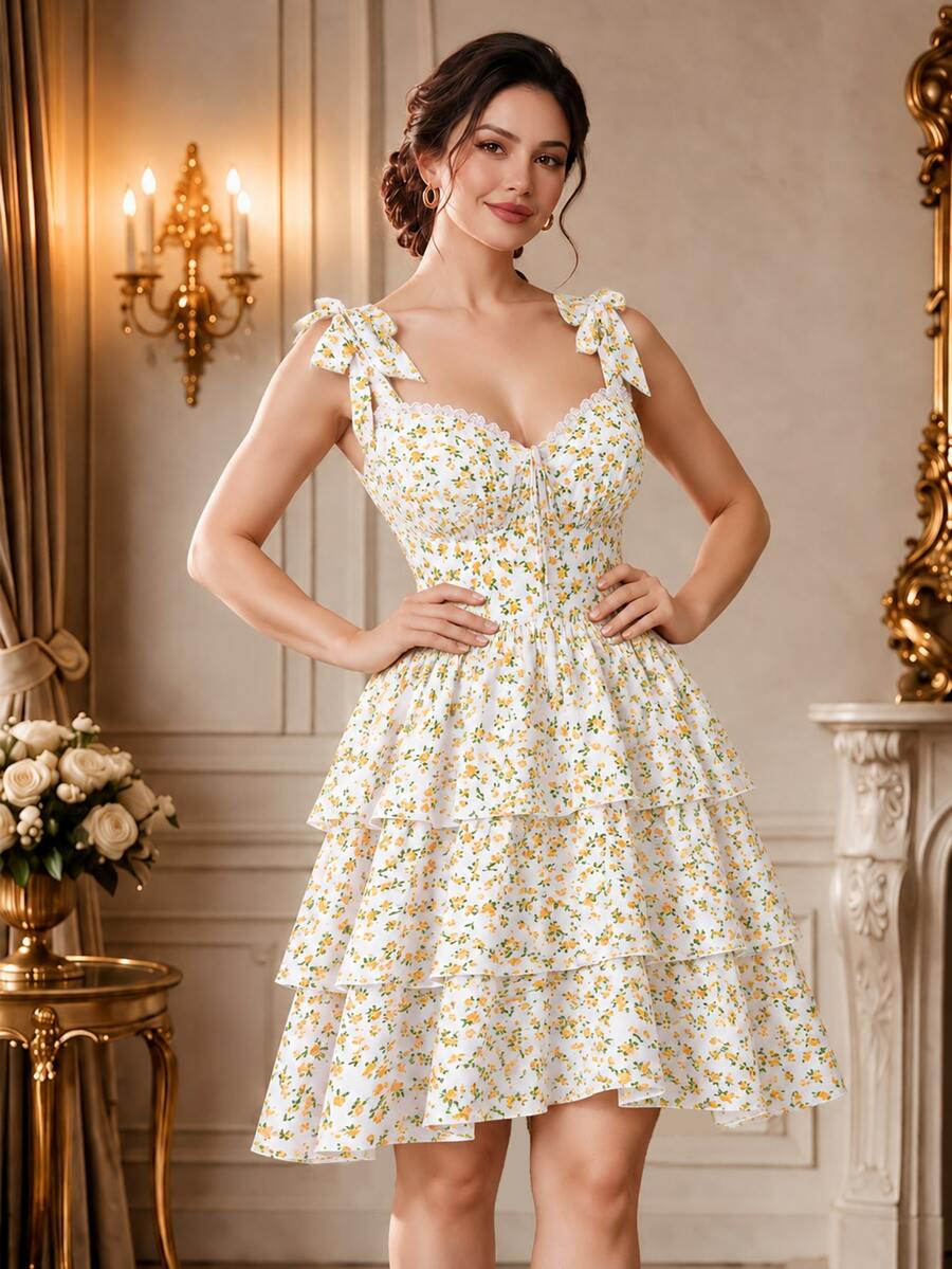 SHEIN LUNE CURVE Plus Size White And Yellow Floral Random Print Straps Mini Dress Tiered Layered A Line Sleeveless Bohemian Ruffle Hem Summer Vacation - Multicolor - View 1