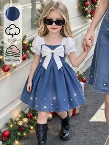 SHEIN 少女牛仔迷你洋裝，可愛優雅，藍白條紋，適合夏季生日、休閒穿搭，秋季穿搭 - 中等水洗藍 - 查看 4