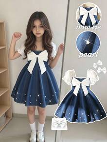SHEIN 少女牛仔迷你洋裝，可愛優雅，藍白條紋，適合夏季生日、休閒穿搭，秋季穿搭 - 中等水洗藍 - 查看 8