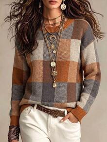 SHEIN Women's Plaid Round Neck Long Sleeve Casual Pullover Sweater - Orange - View 3