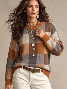 SHEIN Women's Plaid Round Neck Long Sleeve Casual Pullover Sweater - Orange - View 2