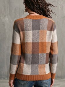 SHEIN Women's Plaid Round Neck Long Sleeve Casual Pullover Sweater - Orange - View 4
