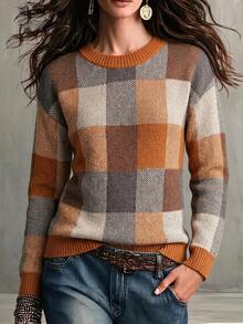 SHEIN Women's Plaid Round Neck Long Sleeve Casual Pullover Sweater - Orange - View 1