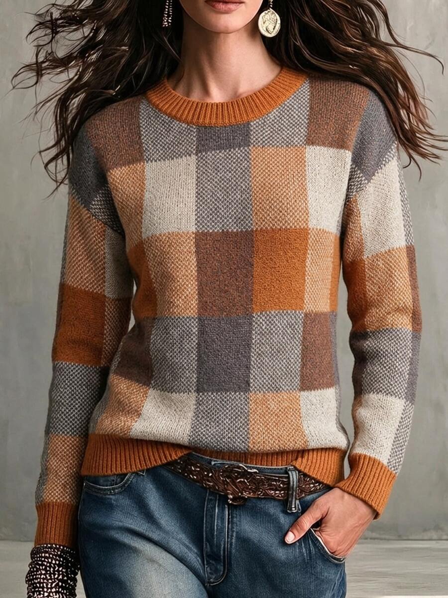 SHEIN Women's Plaid Round Neck Long Sleeve Casual Pullover Sweater - Orange - View 1