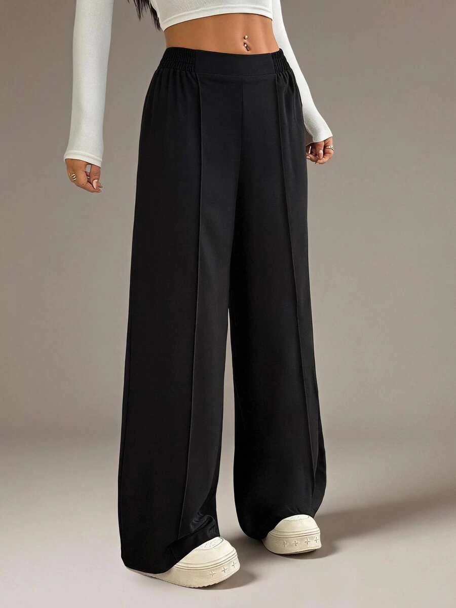 SHEIN PETITE Plain Black Y2k Basic Casual Solid Color Wide Leg Pants Formal Autumn Winter Matching Loose High Waisted Dress Slacks Women Flare Petite Office Work - Black - View 1
