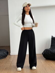 SHEIN PETITE Plain Black Y2k Basic Casual Solid Color Wide Leg Pants Formal Autumn Winter Matching Loose High Waisted Dress Slacks Women Flare Petite Office Work - Black - View 5