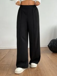 SHEIN PETITE Plain Black Y2k Basic Casual Solid Color Wide Leg Pants Formal Autumn Winter Matching Loose High Waisted Dress Slacks Women Flare Petite Office Work - Black - View 4