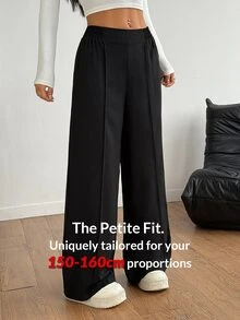 SHEIN PETITE Plain Black Y2k Basic Casual Solid Color Wide Leg Pants Formal Autumn Winter Matching Loose High Waisted Dress Slacks Women Flare Petite Office Work - Black - View 8