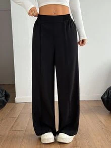 SHEIN PETITE Plain Black Y2k Basic Casual Solid Color Wide Leg Pants Formal Autumn Winter Matching Loose High Waisted Dress Slacks Women Flare Petite Office Work - Black - View 3