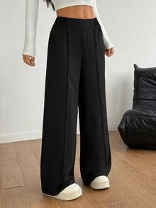 SHEIN PETITE Plain Black Y2k Basic Casual Solid Color Wide Leg Pants Formal Autumn Winter Matching Loose High Waisted Dress Slacks Women Flare Petite Office Work - Black - View 6