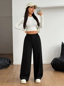 SHEIN PETITE Plain Black Y2k Basic Casual Solid Color Wide Leg Pants Formal Autumn Winter Matching Loose High Waisted Dress Slacks Women Flare Petite Office Work - Black - View 7