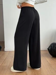 SHEIN PETITE Plain Black Y2k Basic Casual Solid Color Wide Leg Pants Formal Autumn Winter Matching Loose High Waisted Dress Slacks Women Flare Petite Office Work - Black - View 2