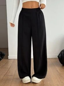 SHEIN PETITE Plain Black Y2k Basic Casual Solid Color Wide Leg Pants Formal Autumn Winter Matching Loose High Waisted Dress Slacks Women Flare Petite Office Work - Black - View 9