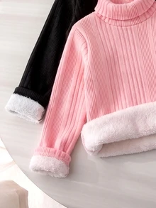 SHEIN Elladie kids قطعتان من تي شيرت الفتيات برقبة عالية مبطن حراري سميك محبوك بتصميم غير متماثل مضلع، ملابس علوية للخريف/الشتاء - متعدد الألوان - مشاهدة 5