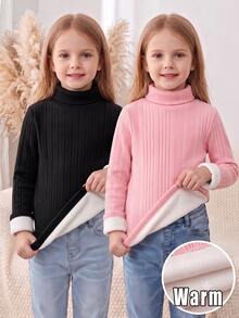 SHEIN Elladie kids قطعتان من تي شيرت الفتيات برقبة عالية مبطن حراري سميك محبوك بتصميم غير متماثل مضلع، ملابس علوية للخريف/الشتاء - متعدد الألوان - مشاهدة 3