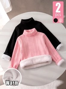 SHEIN Elladie kids قطعتان من تي شيرت الفتيات برقبة عالية مبطن حراري سميك محبوك بتصميم غير متماثل مضلع، ملابس علوية للخريف/الشتاء - متعدد الألوان - مشاهدة 6