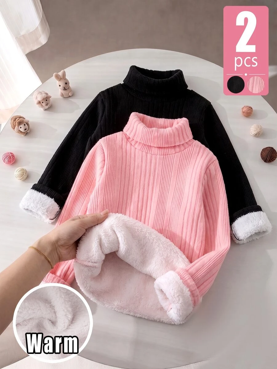 SHEIN Elladie kids قطعتان من تي شيرت الفتيات برقبة عالية مبطن حراري سميك محبوك بتصميم غير متماثل مضلع، ملابس علوية للخريف/الشتاء - متعدد الألوان - مشاهدة 1