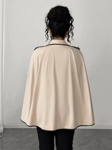 Elenzga Plus Size Women's Autumn/Winter Fashion Elegant Minimalist Contrast Color Trim Patchwork Cape Poncho Long Sleeve Wool - Khaki - View 2