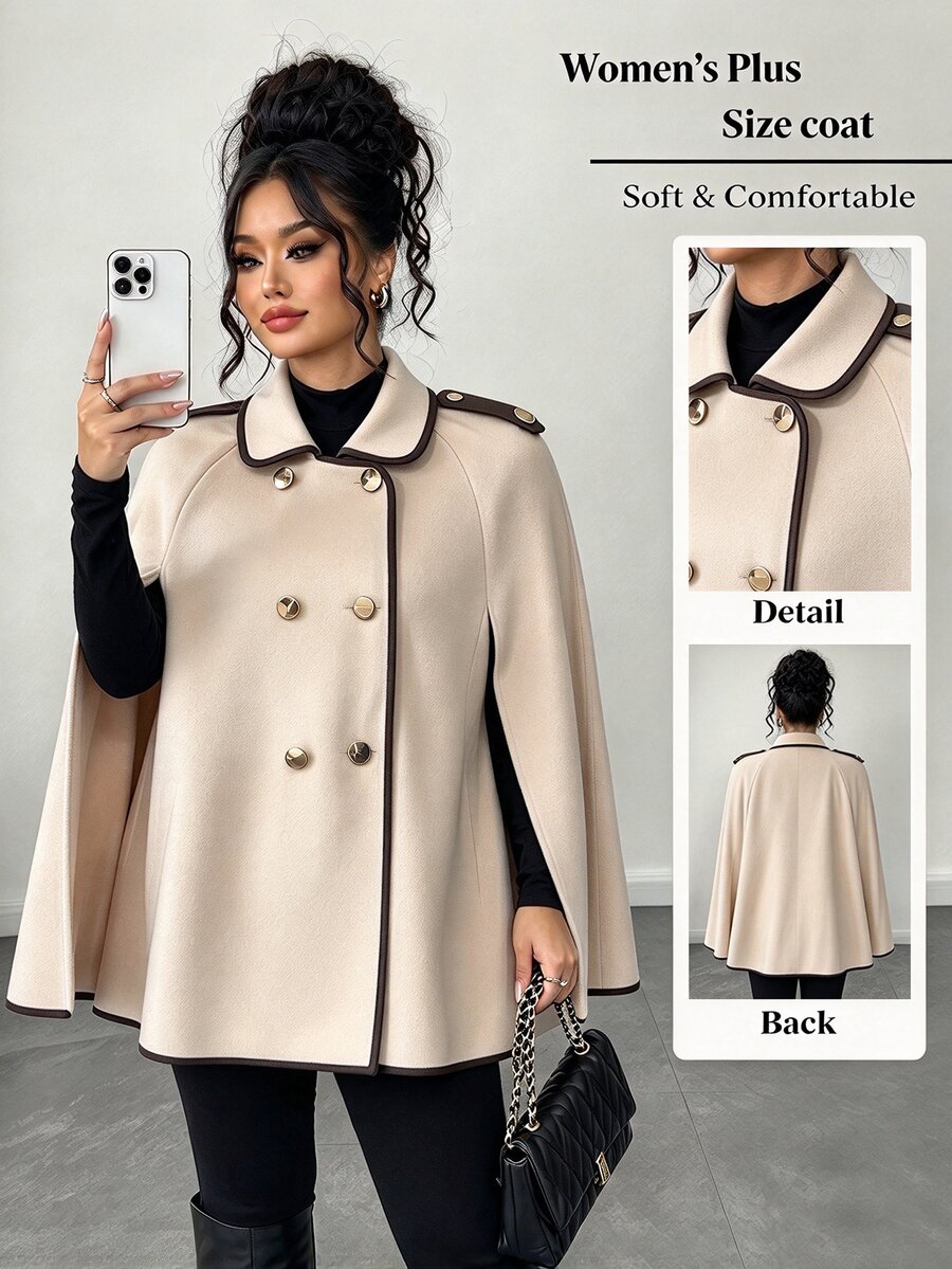 Elenzga Plus Size Women's Autumn/Winter Fashion Elegant Minimalist Contrast Color Trim Patchwork Cape Poncho Long Sleeve Wool - Khaki - View 1