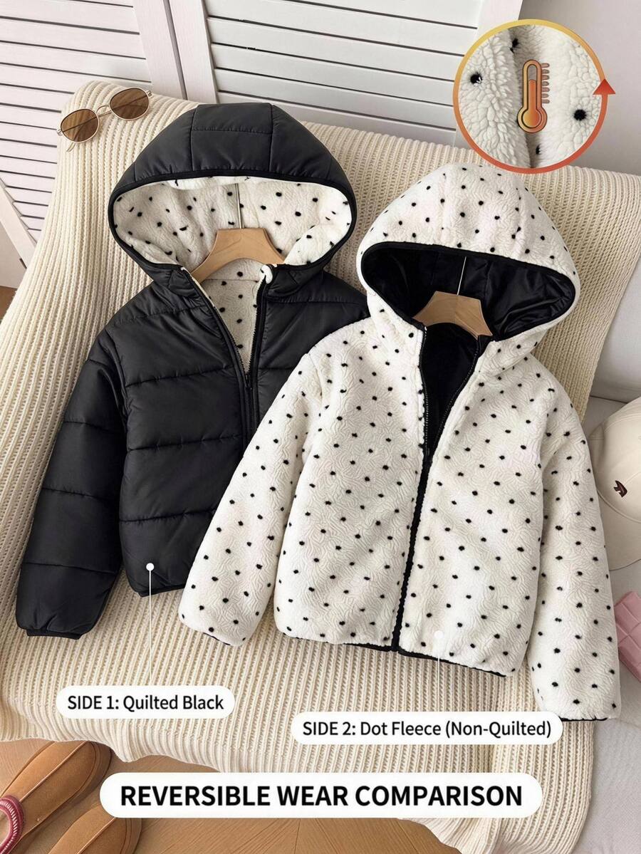SHEIN 少女休閒百搭厚款連帽寬鬆長袖鋪棉外套,黑白波點抓絨可正反穿外套,秋冬款 - 黑與白 - 查看 1