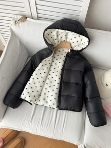 SHEIN 少女休閒百搭厚款連帽寬鬆長袖鋪棉外套，黑白波點抓絨可正反穿外套，秋冬款 - 黑與白 - 查看 2