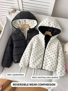 SHEIN 少女休閒百搭厚款連帽寬鬆長袖鋪棉外套，黑白波點抓絨可正反穿外套，秋冬款 - 黑與白 - 查看 6