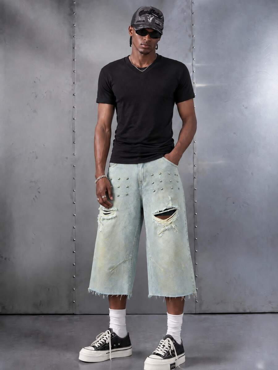 Manfinity EMRG Men's Summer Casual Streetwear Fashion Street Punk Daily Commute City Break Star Rivet Decor Distressed Frayed Hem Belt Not Included Light Blue - Light Wash - View 1