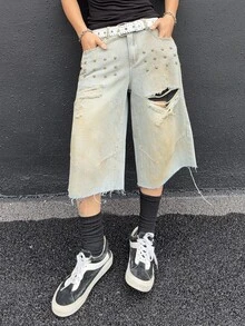 Manfinity EMRG Men's Summer Casual Streetwear Fashion Street Punk Daily Commute City Break Star Rivet Decor Distressed Frayed Hem Belt Not Included Light Blue - Light Wash - View 8