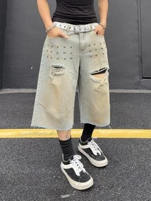 Manfinity EMRG Men's Summer Casual Streetwear Fashion Street Punk Daily Commute City Break Star Rivet Decor Distressed Frayed Hem Belt Not Included Light Blue - Light Wash - View 5